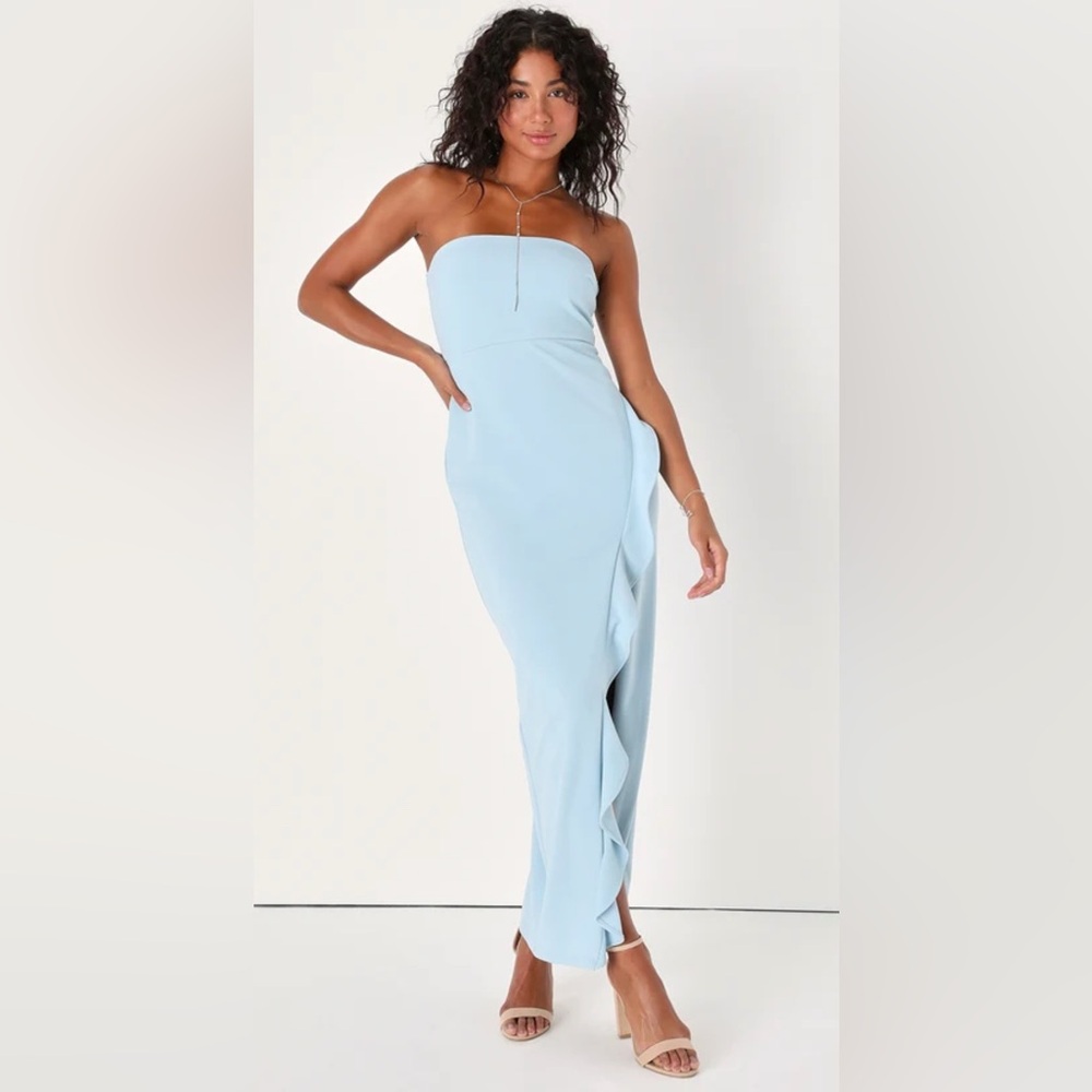 Lulus After Hours Light Blue Strapless Ruffled Maxi Dress NWOT XS